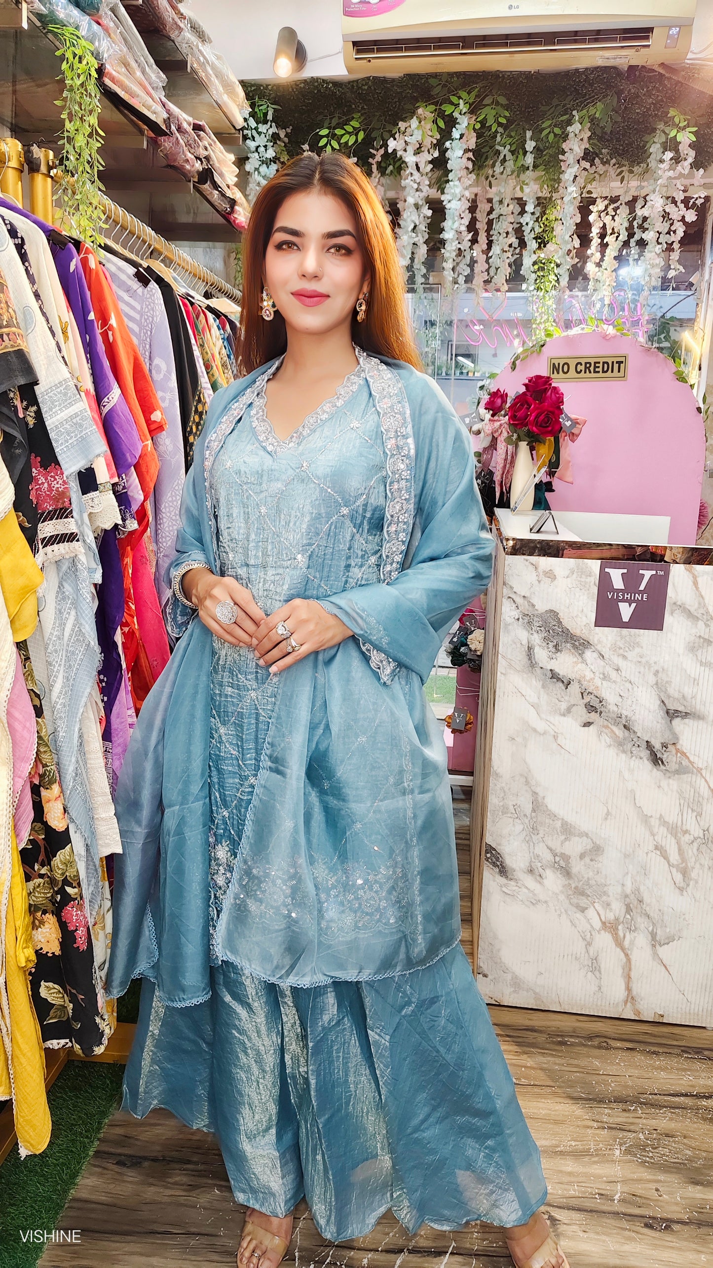 VISHINE Luxe Pastel Beige Embroidered Partywear Suit with Dupatta