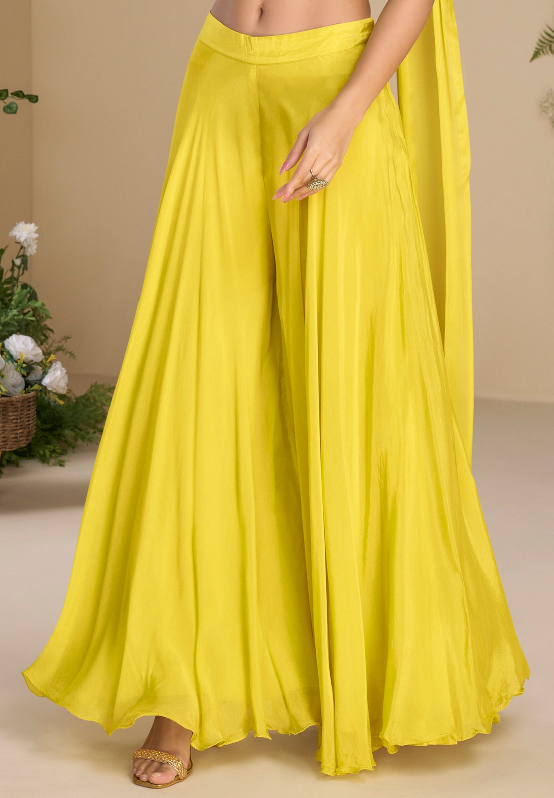 Yellow Embellished Crop Top with Flowing Palazzo Set