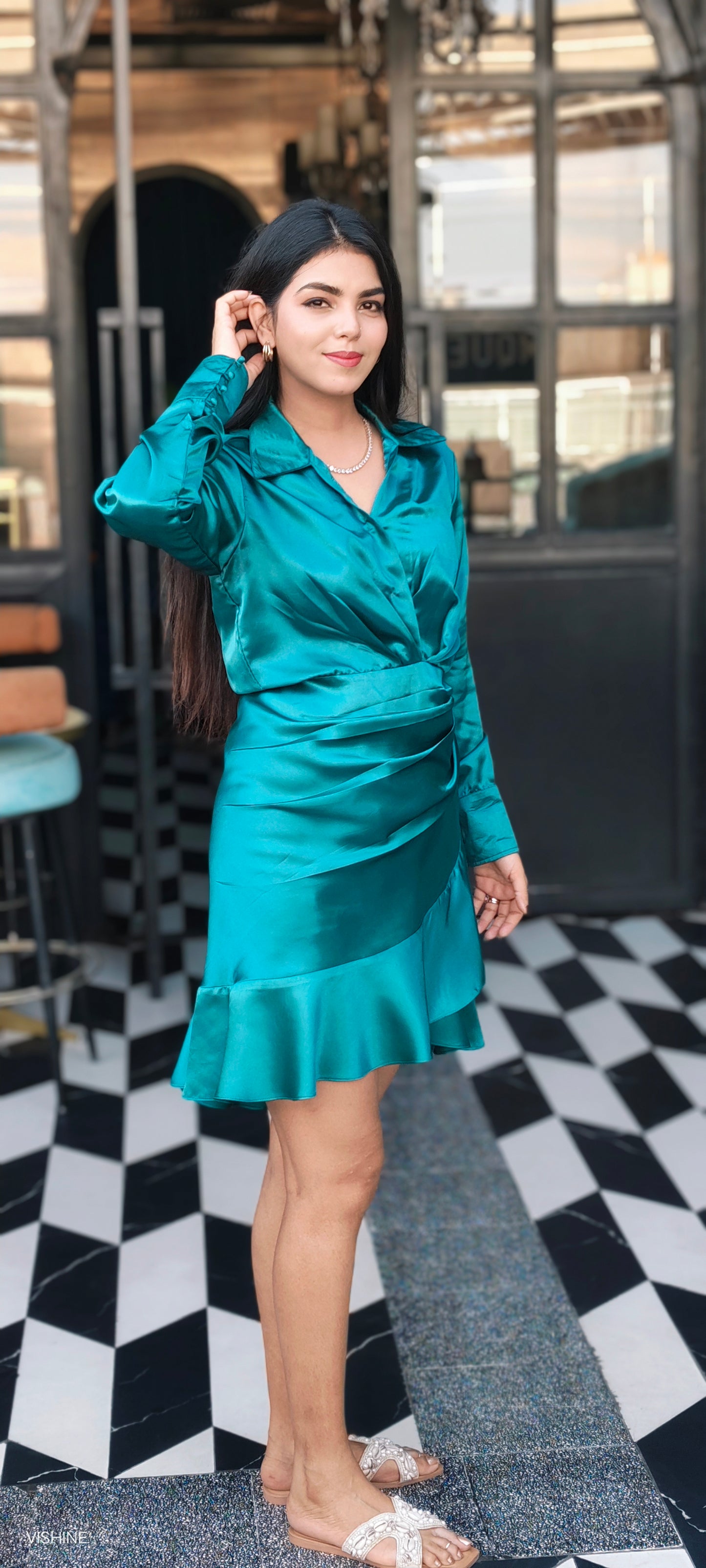 VISHINE Blue Collar Neck Sleeve Drape Side Satin Bodycon Dress