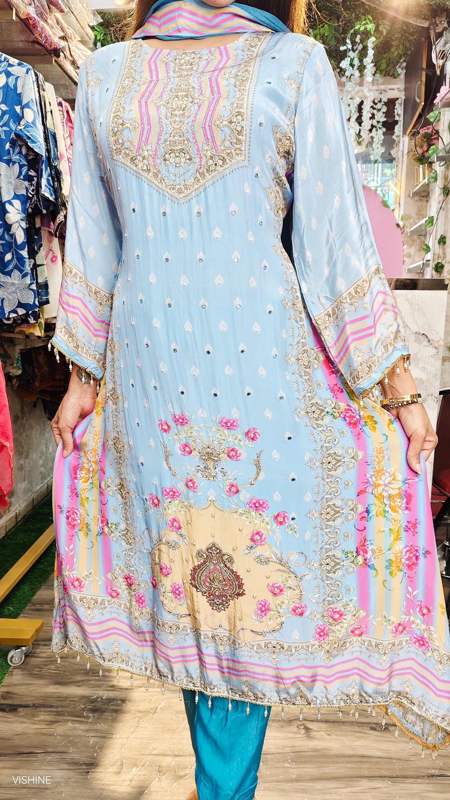 VISHINE Pastel Blue Embroidered Suit with Printed Dupatta & Pant