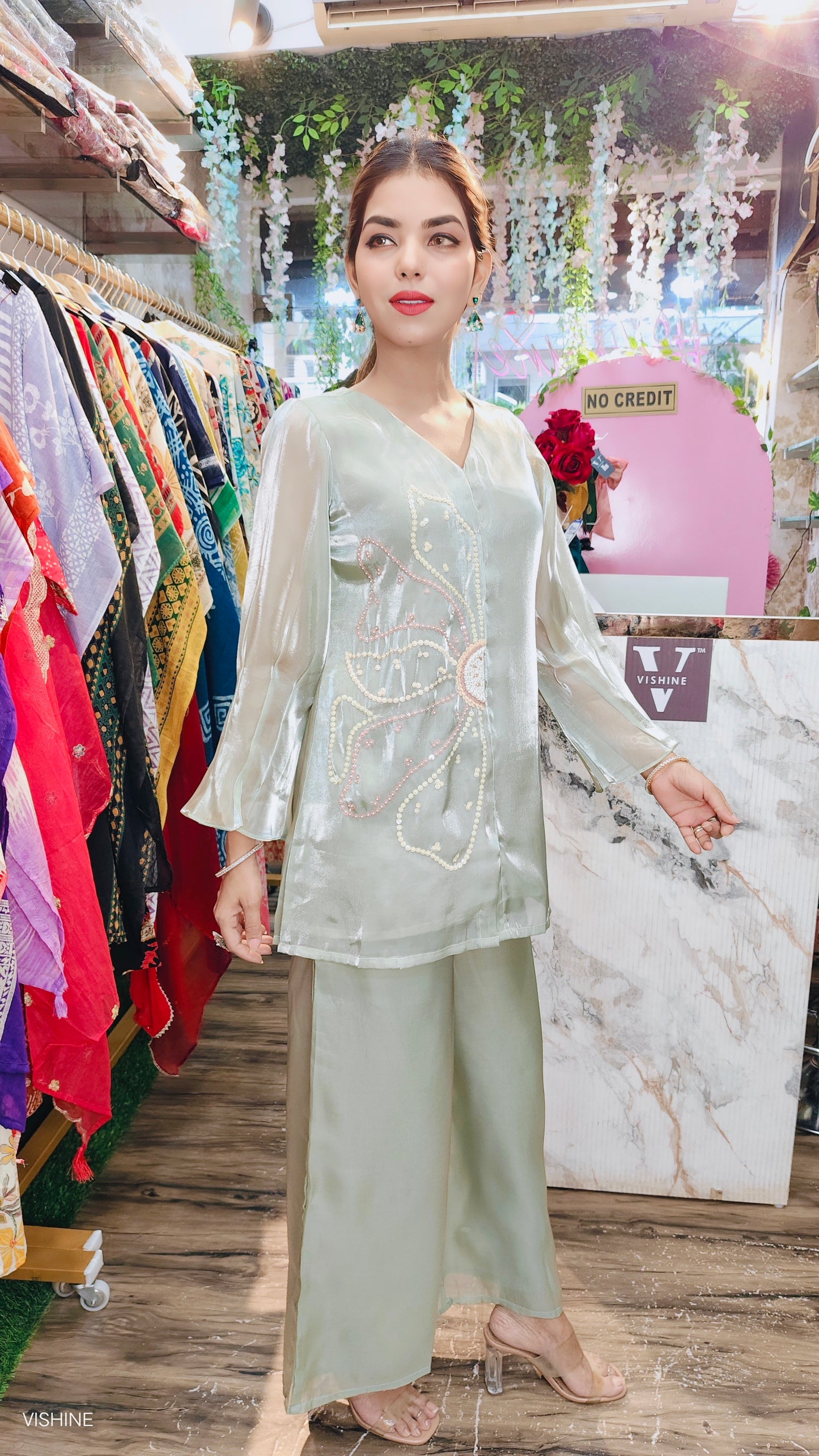 Pastel Green Shimmer Co-ord Set with Embellished Detailing