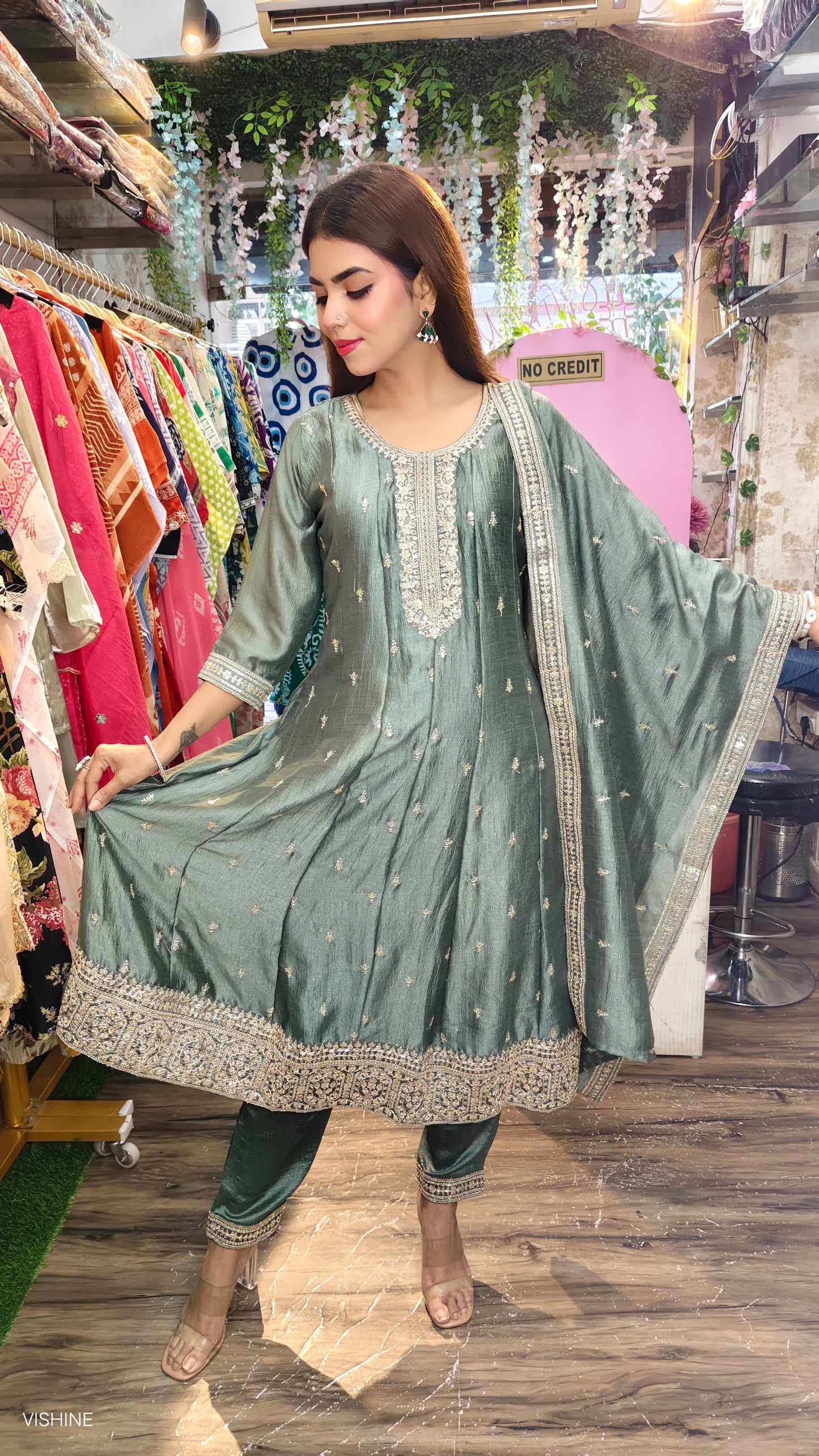 Emerald Green Embroidered Anarkali Suit with Dupatta
