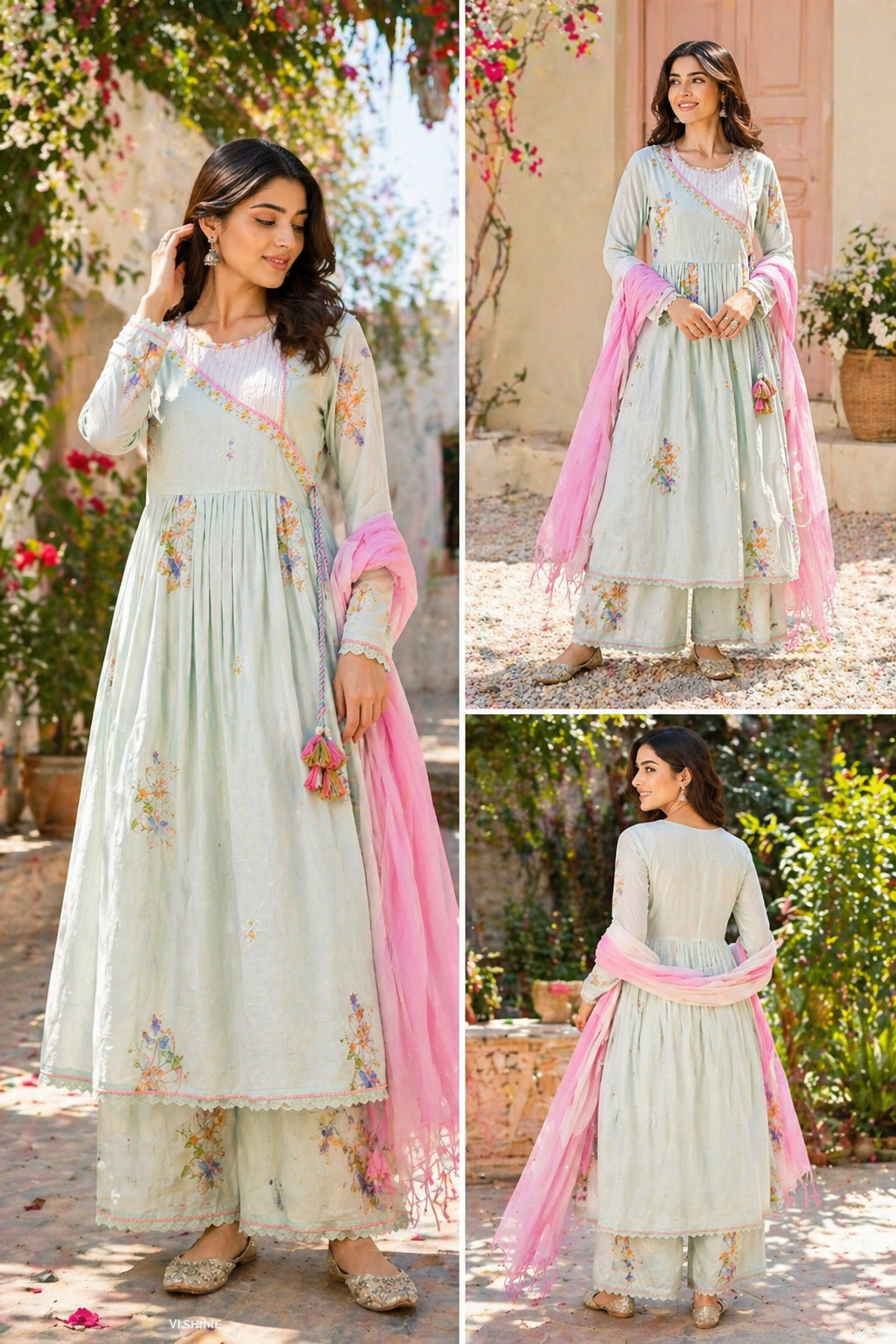 Pastel Mint Cotton Suit Set with Floral Embroidery & Pink Dupatta | Summer Designer Wear