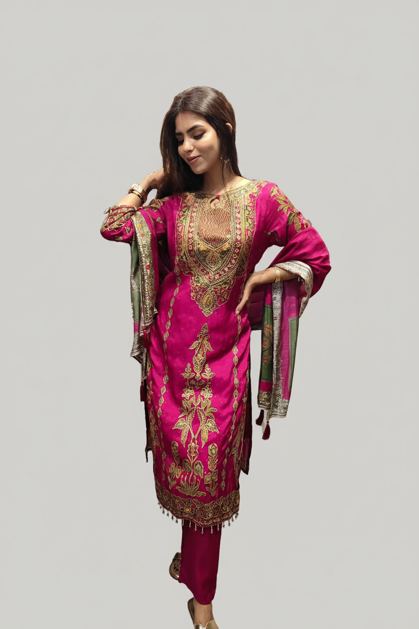 Magenta Silk Embroidered Kurta Set with Dupatta – Zari Work Salwar Suit