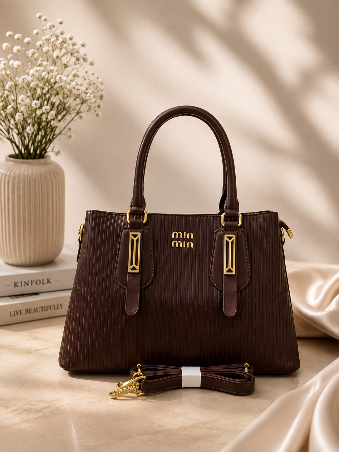 Textured Vegan Leather Structured Handbag with Gold-Tone Hardware & Detachable Sling Strap