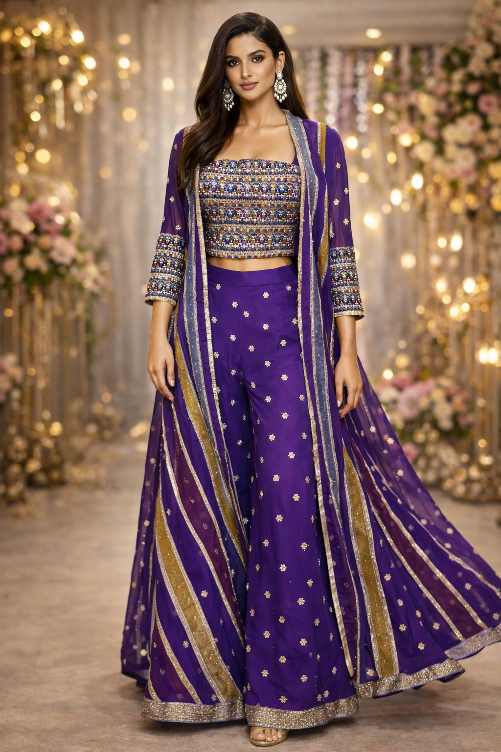 Royal Purple Embroidered Crop Top Sharara Set with Cape – Festive & Wedding Wear