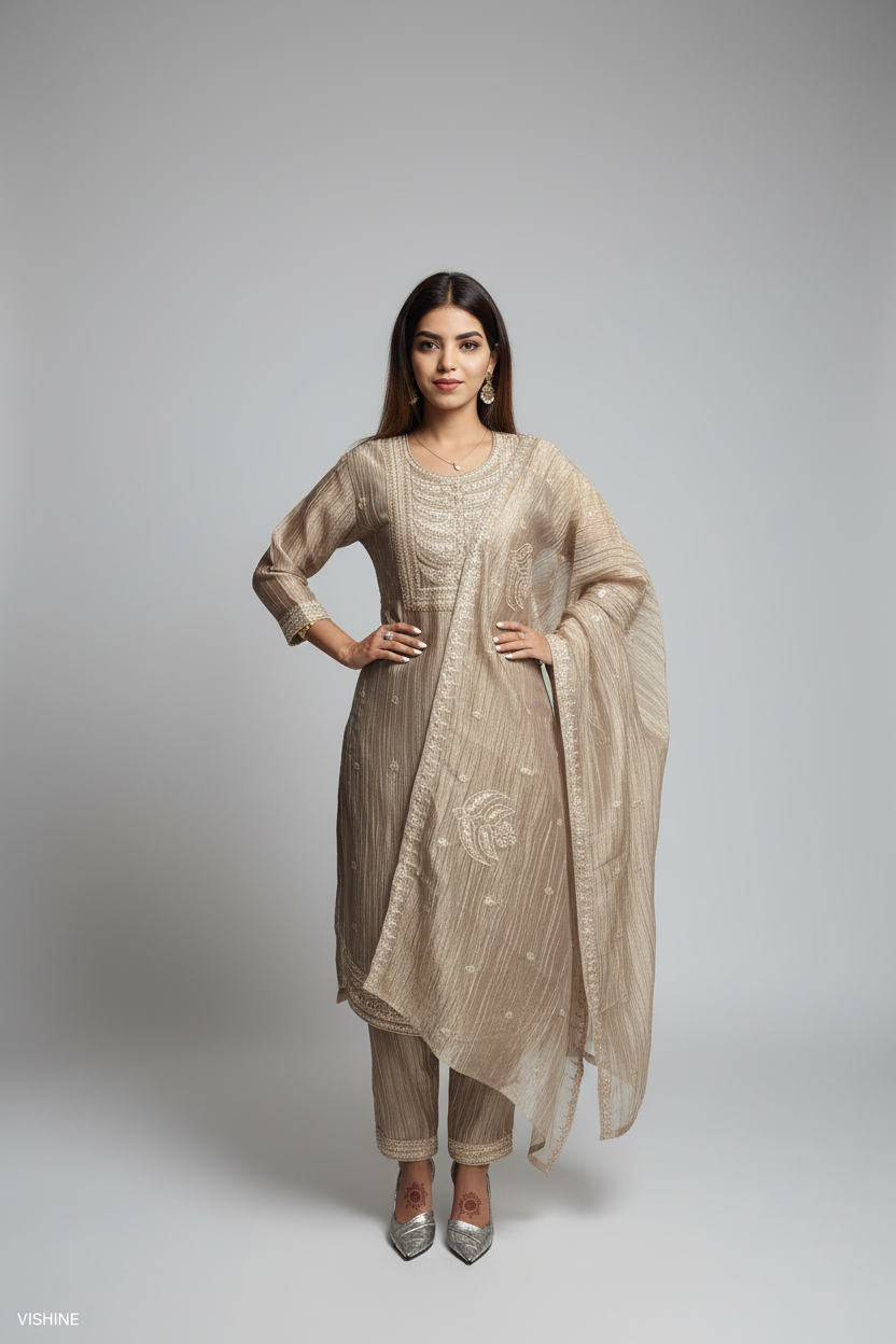 Champagne Gold Embroidered Designer Suit Set with Dupatta