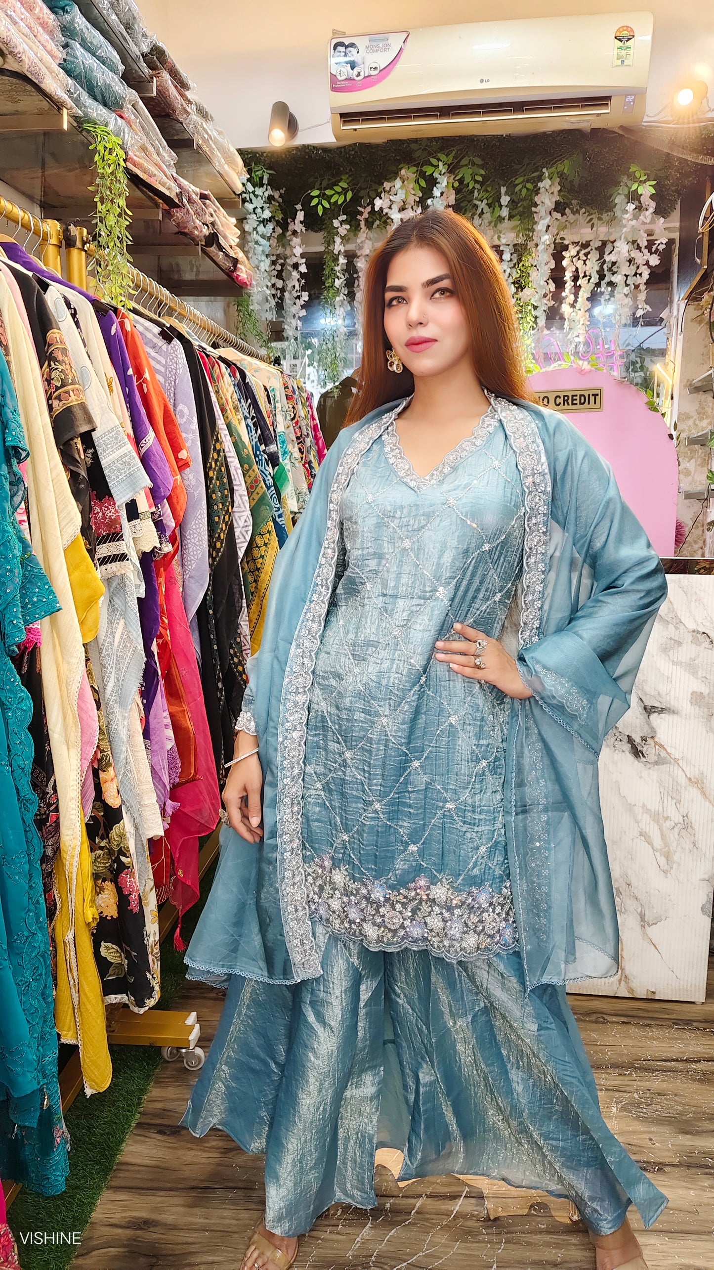 VISHINE Luxe Pastel Beige Embroidered Partywear Suit with Dupatta