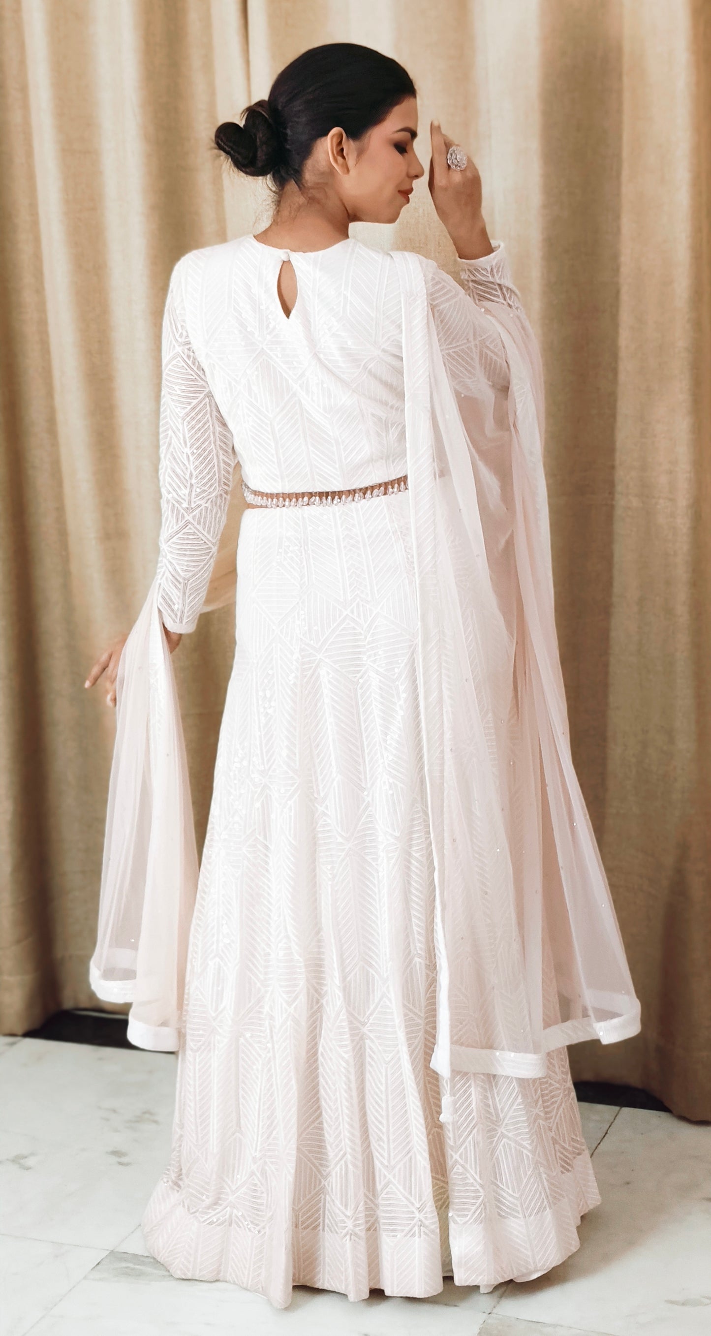 VISHINE Ivory Net Embroidery Sequin Lehenga Set