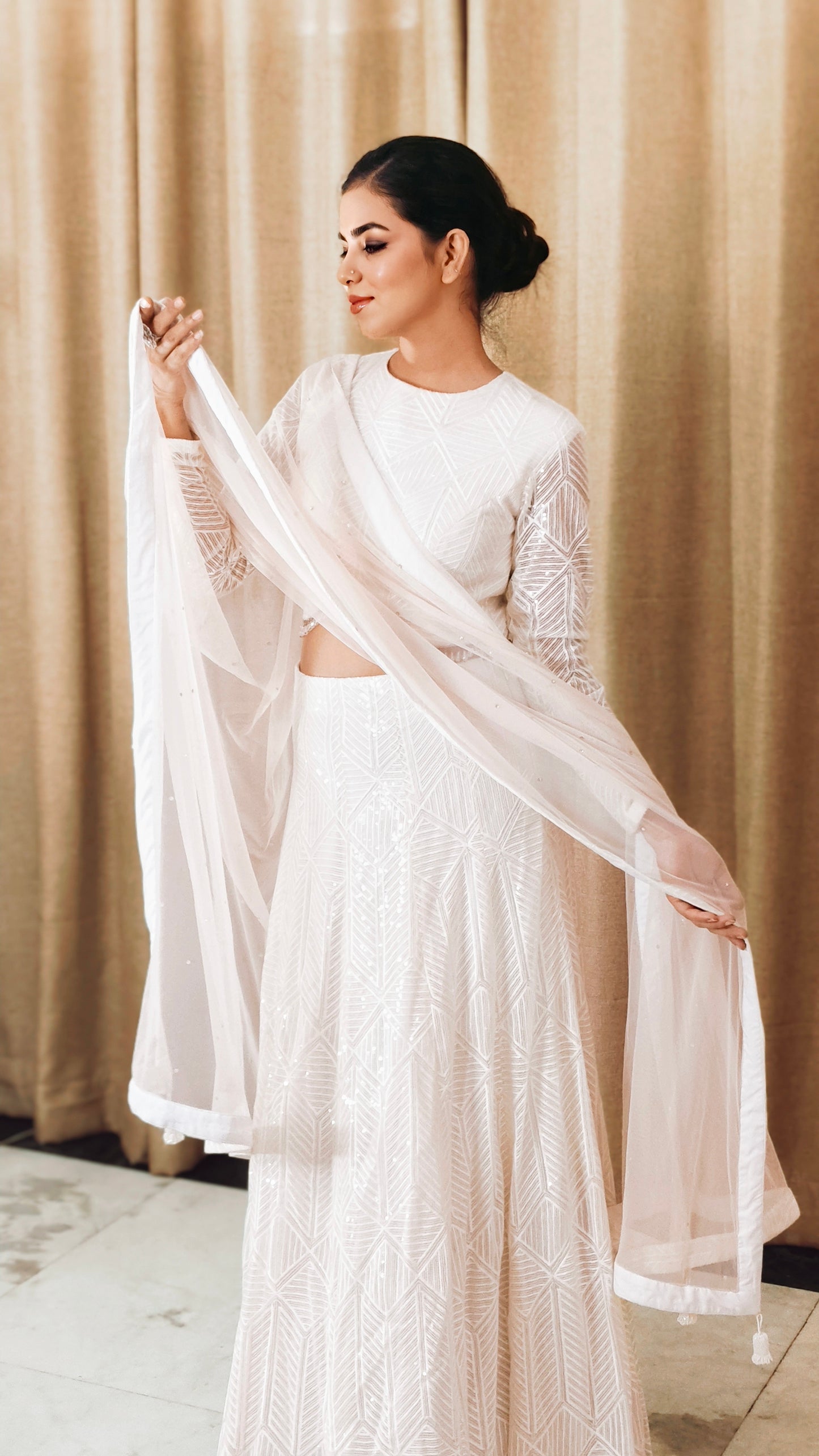 VISHINE Ivory Net Embroidery Sequin Lehenga Set