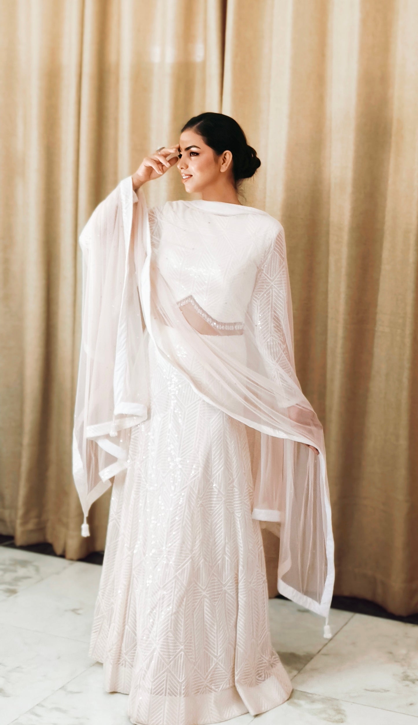 VISHINE Ivory Net Embroidery Sequin Lehenga Set