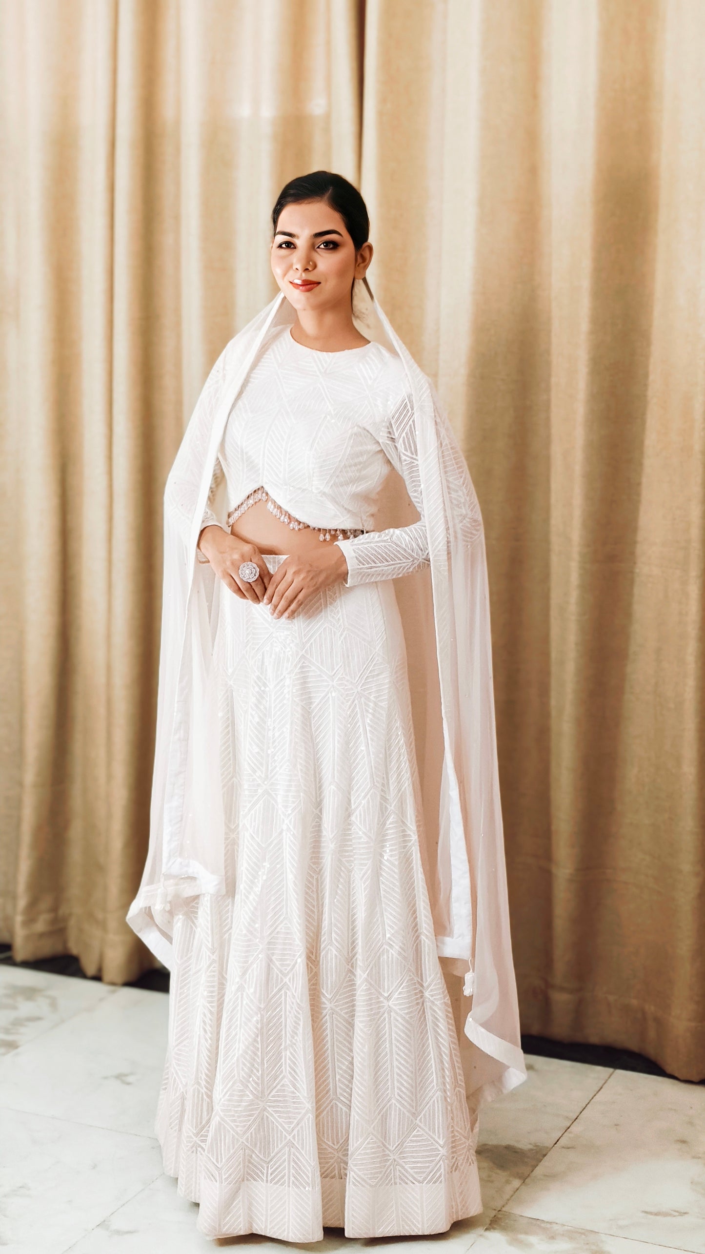 VISHINE Ivory Net Embroidery Sequin Lehenga Set