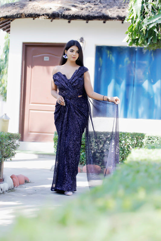 VISHINE Navy Blue Sequin Drape Saree