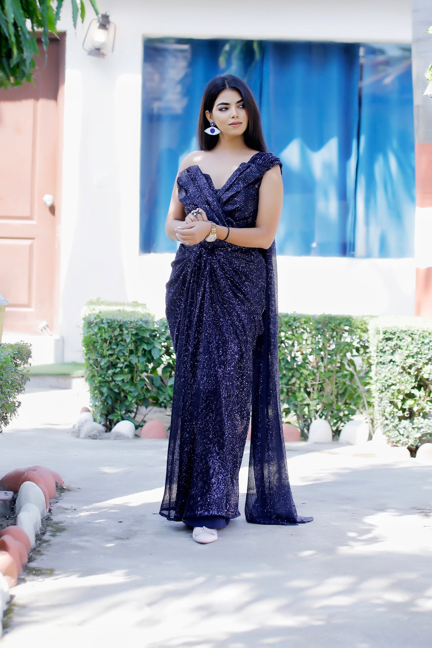 VISHINE Navy Blue Sequin Drape Saree