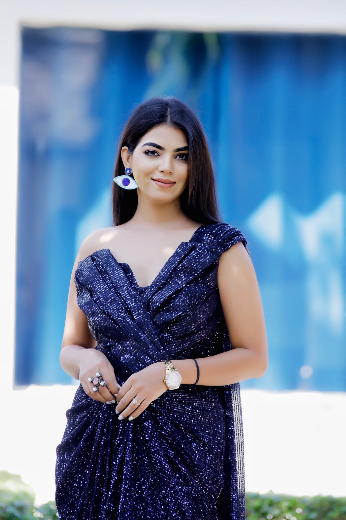 VISHINE Navy Blue Sequin Drape Saree