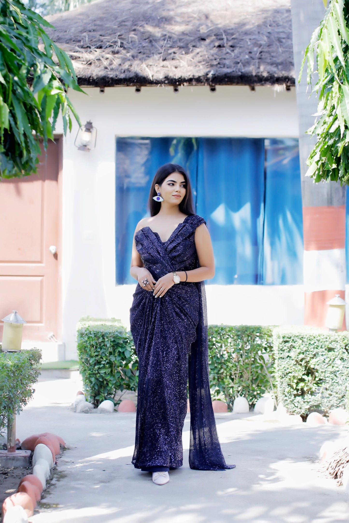 VISHINE Navy Blue Sequin Drape Saree