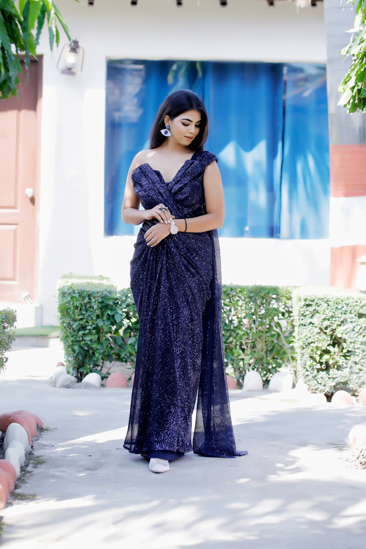 VISHINE Navy Blue Sequin Drape Saree