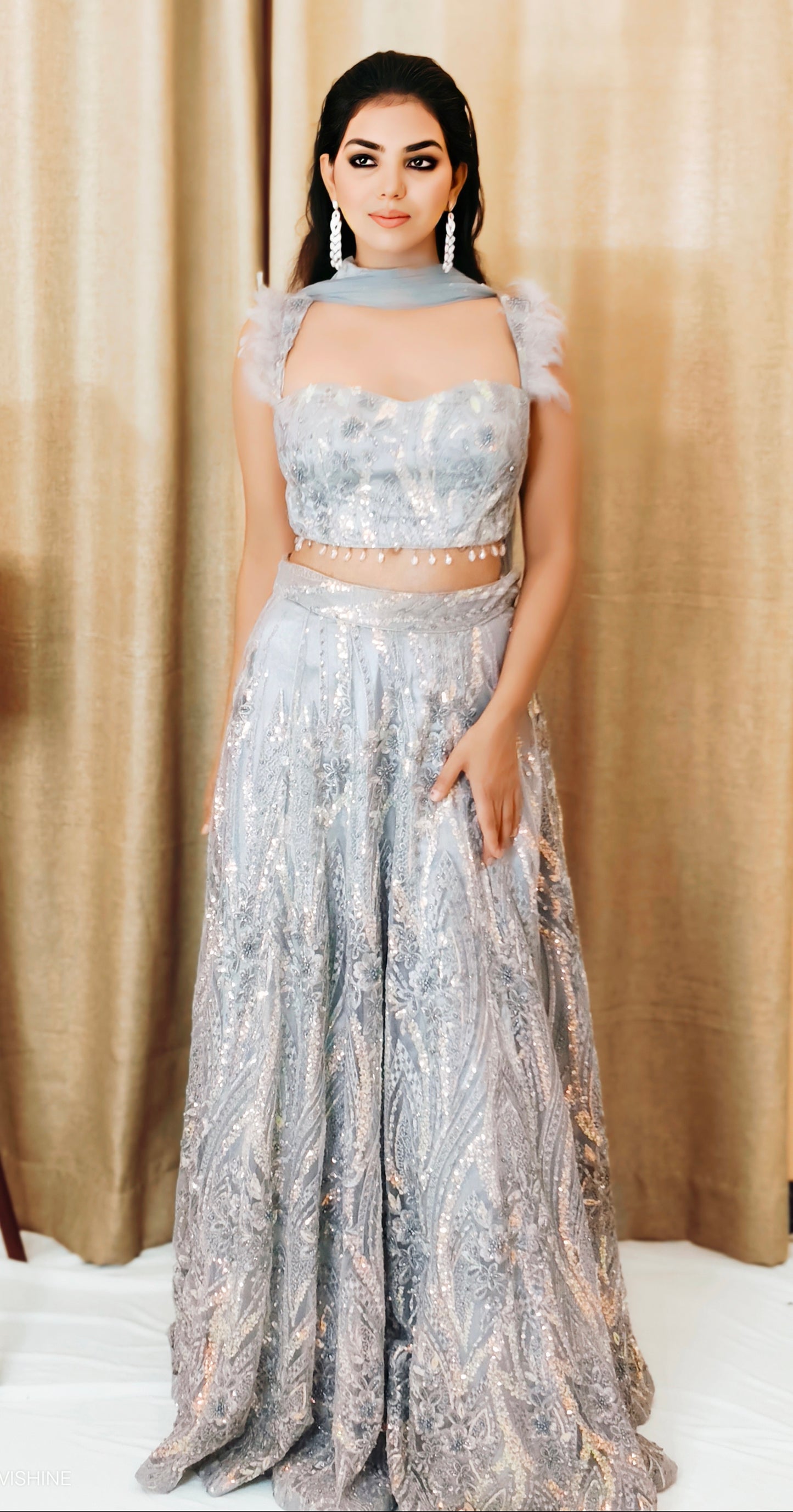 VISHINE Grey Hand Embroided Lehenga Set