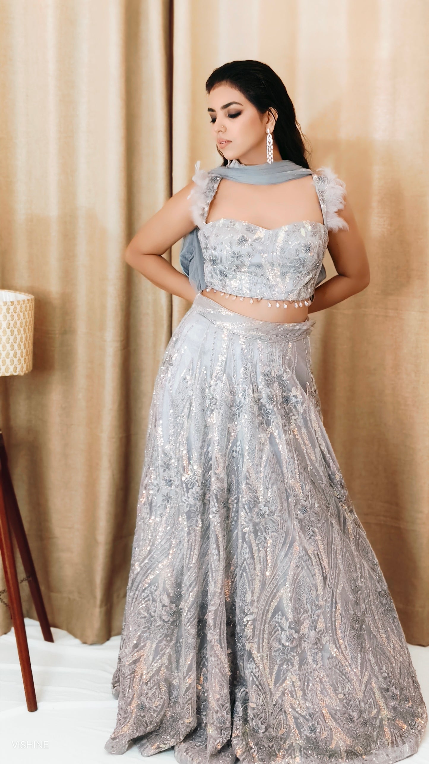 VISHINE Grey Hand Embroided Lehenga Set