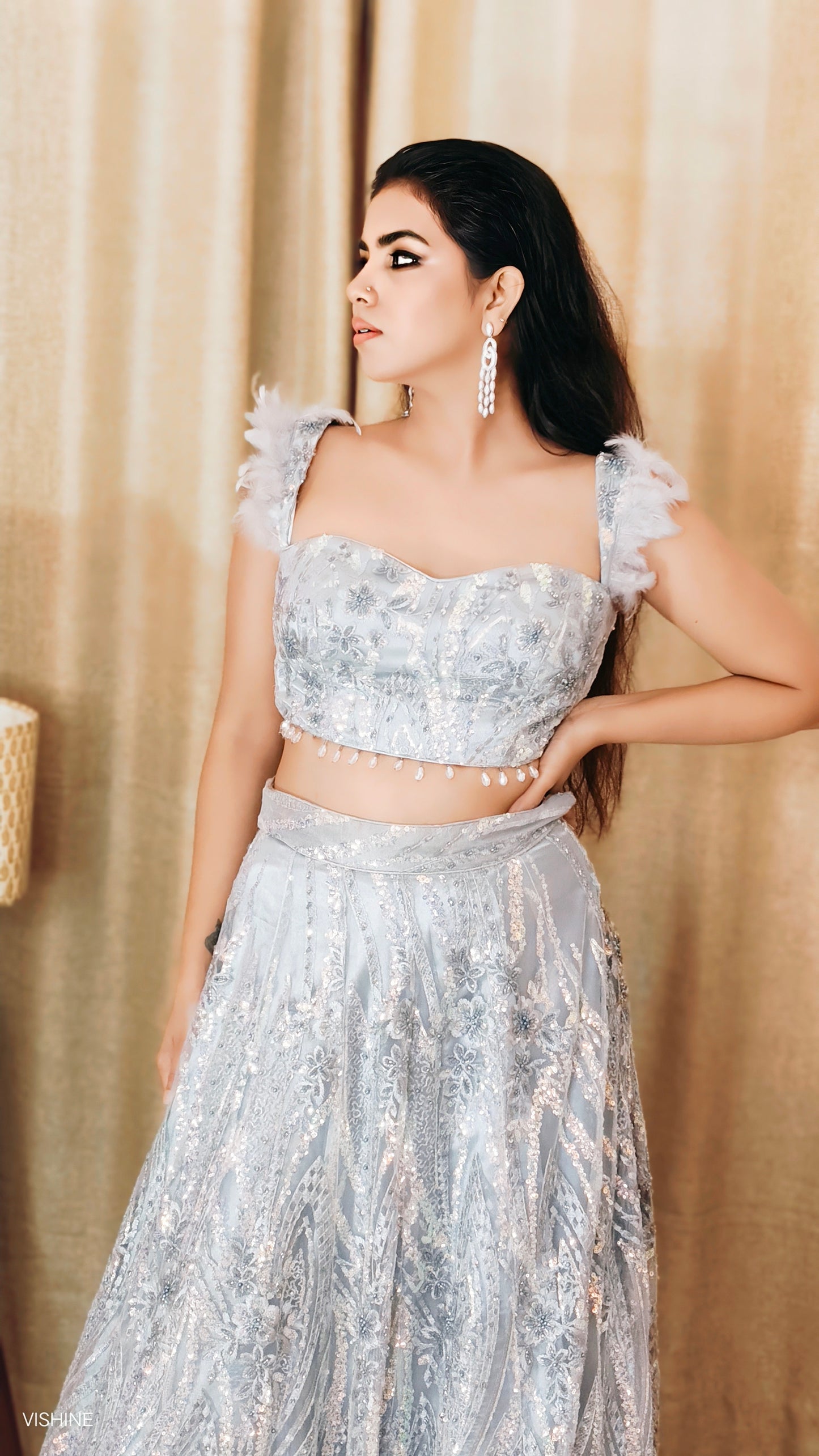 VISHINE Grey Hand Embroided Lehenga Set