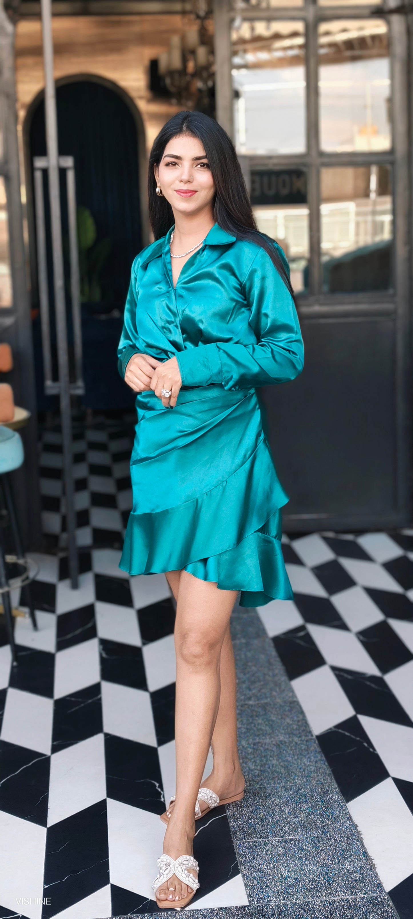 VISHINE Blue Collar Neck Sleeve Drape Side Satin Bodycon Dress