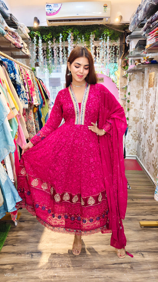 Magenta Heavy Embroidered Georgette Anarkali Suit with Dupatta