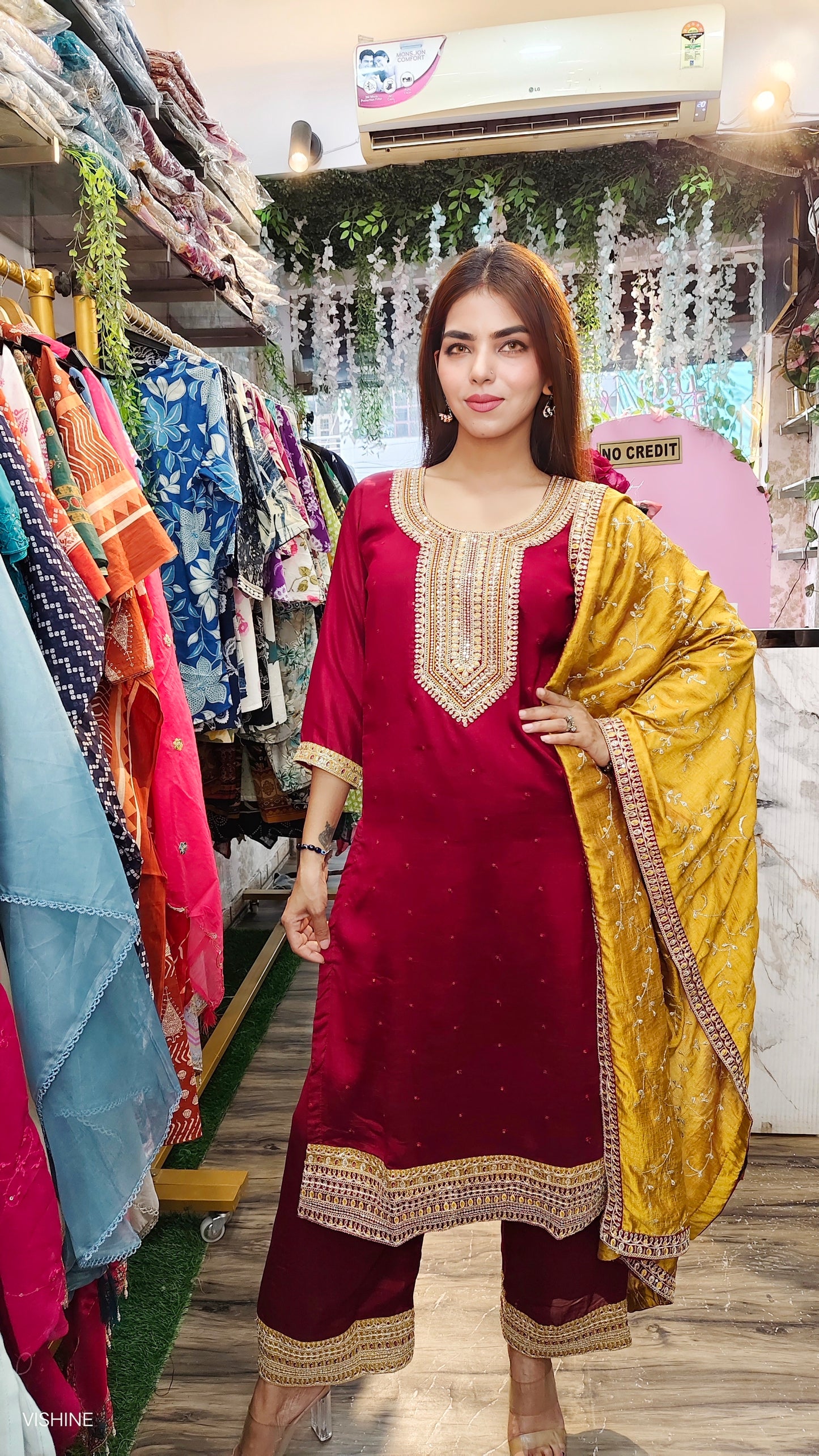 Maroon Embroidered Straight Kurta Set with Mustard Dupatta