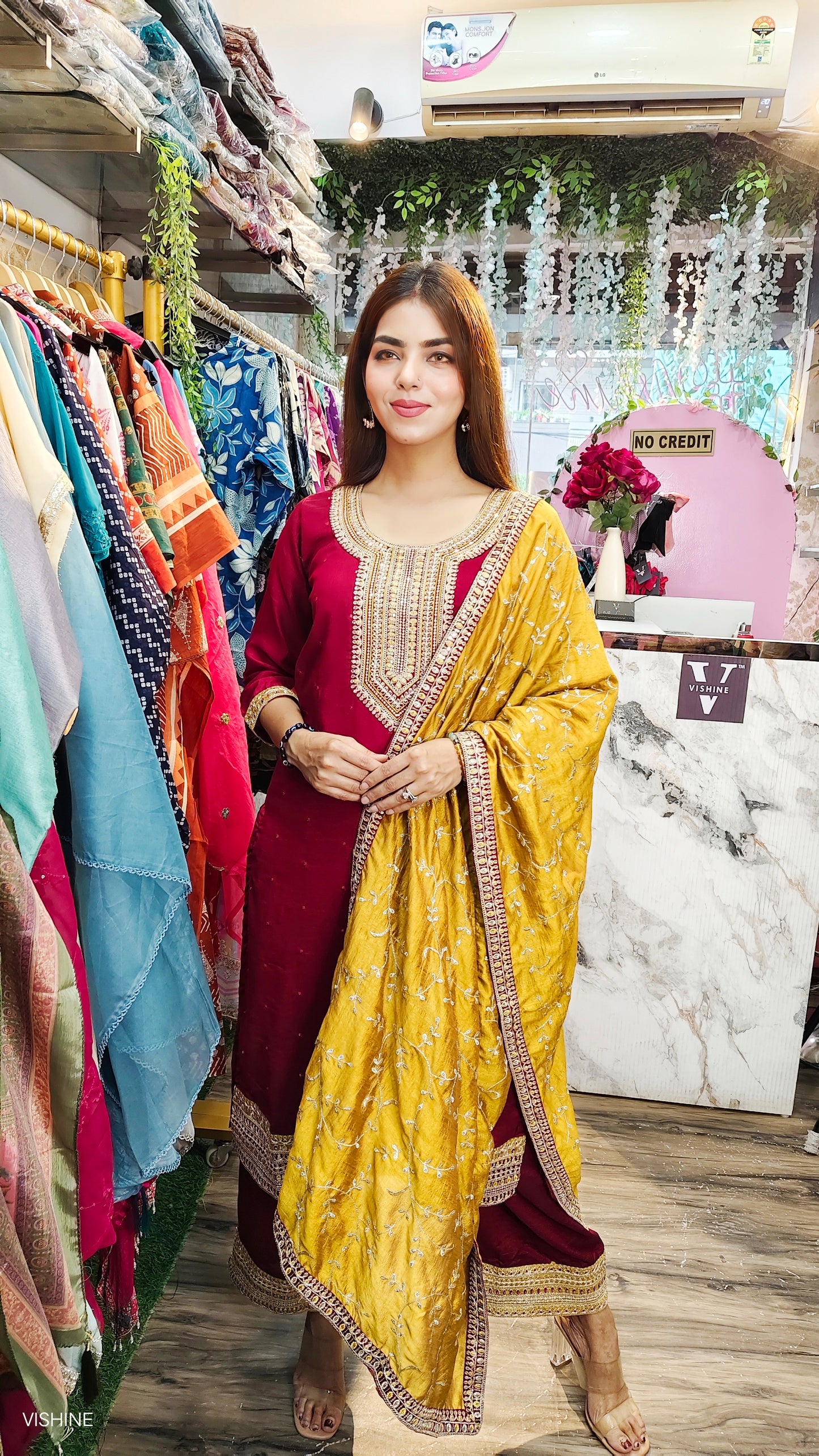 Maroon Embroidered Straight Kurta Set with Mustard Dupatta