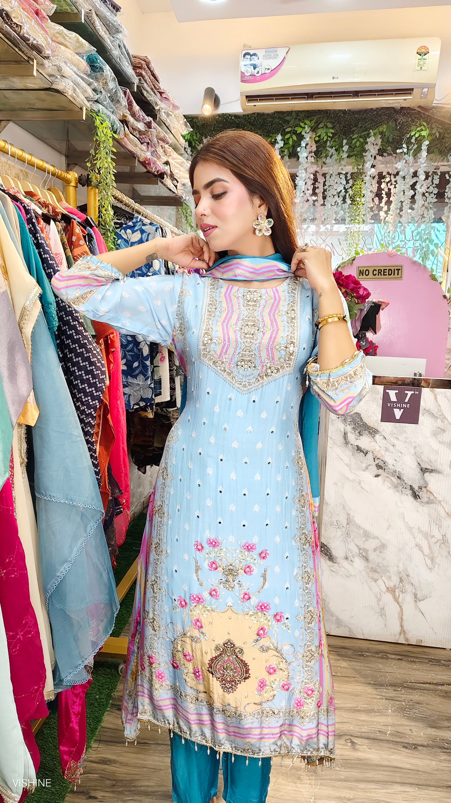 VISHINE Pastel Blue Embroidered Suit with Printed Dupatta & Pant