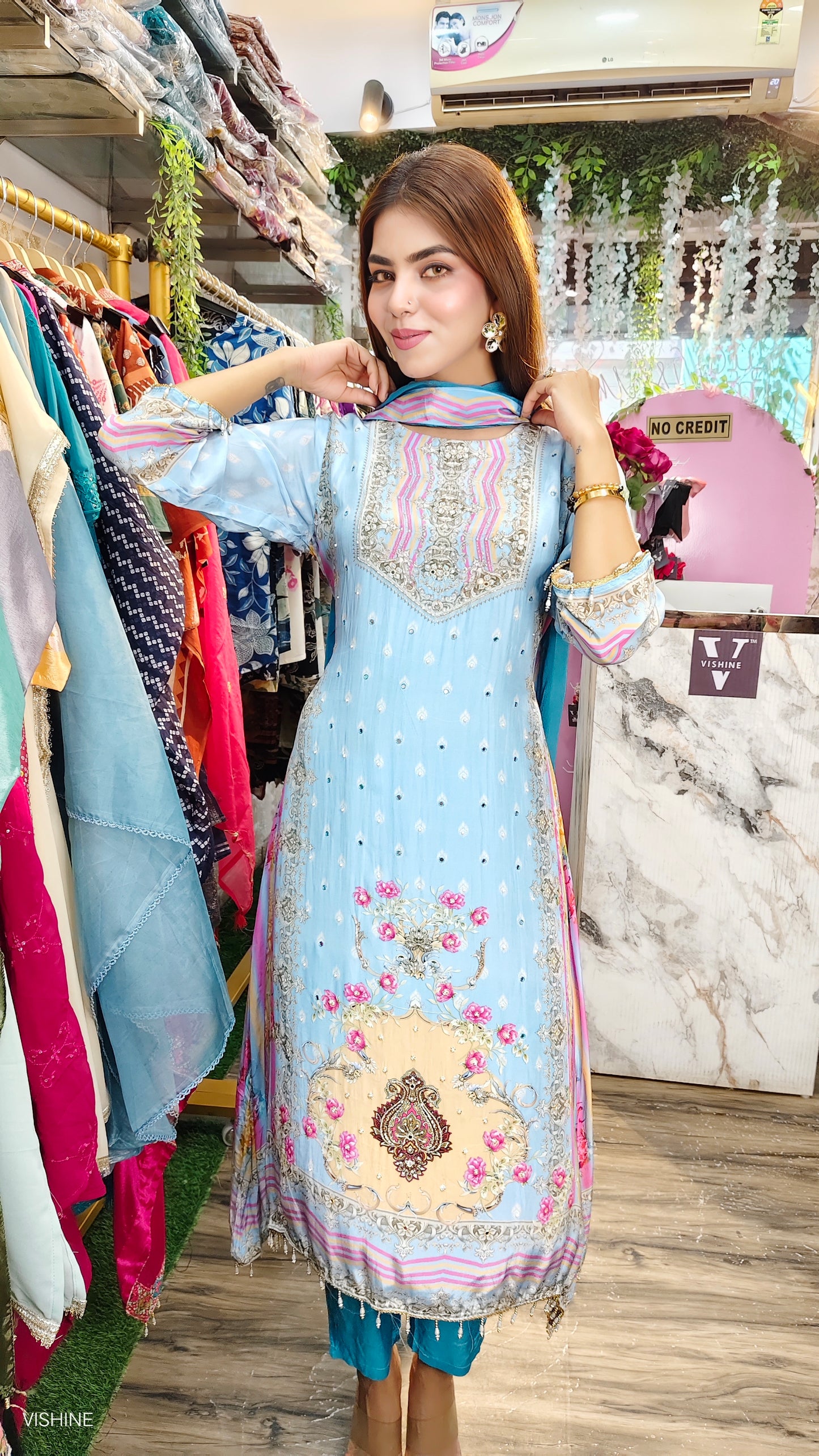 VISHINE Pastel Blue Embroidered Suit with Printed Dupatta & Pant