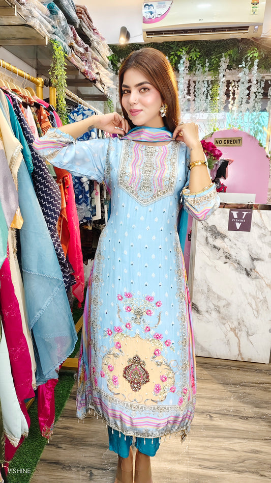 VISHINE Pastel Blue Embroidered Suit with Printed Dupatta & Pant