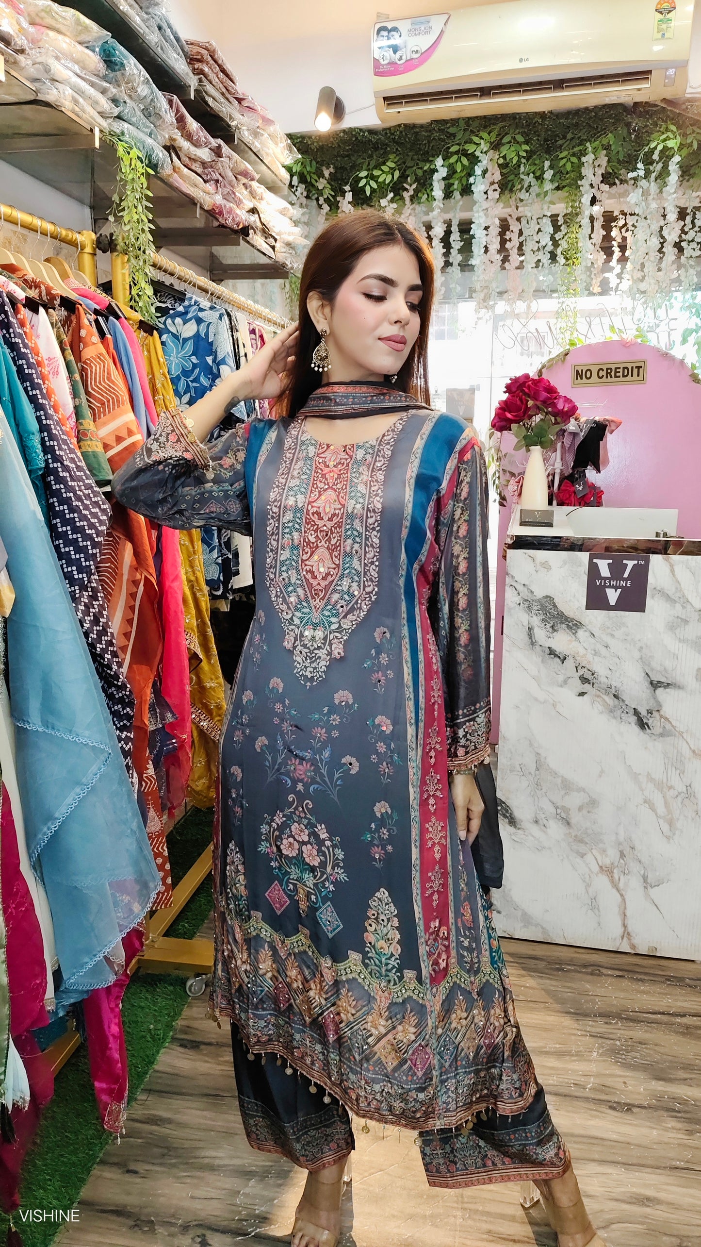 VISHINE Luxe Printed Suit with Palazzo & Dupatta – Blue‑Grey Bouquet