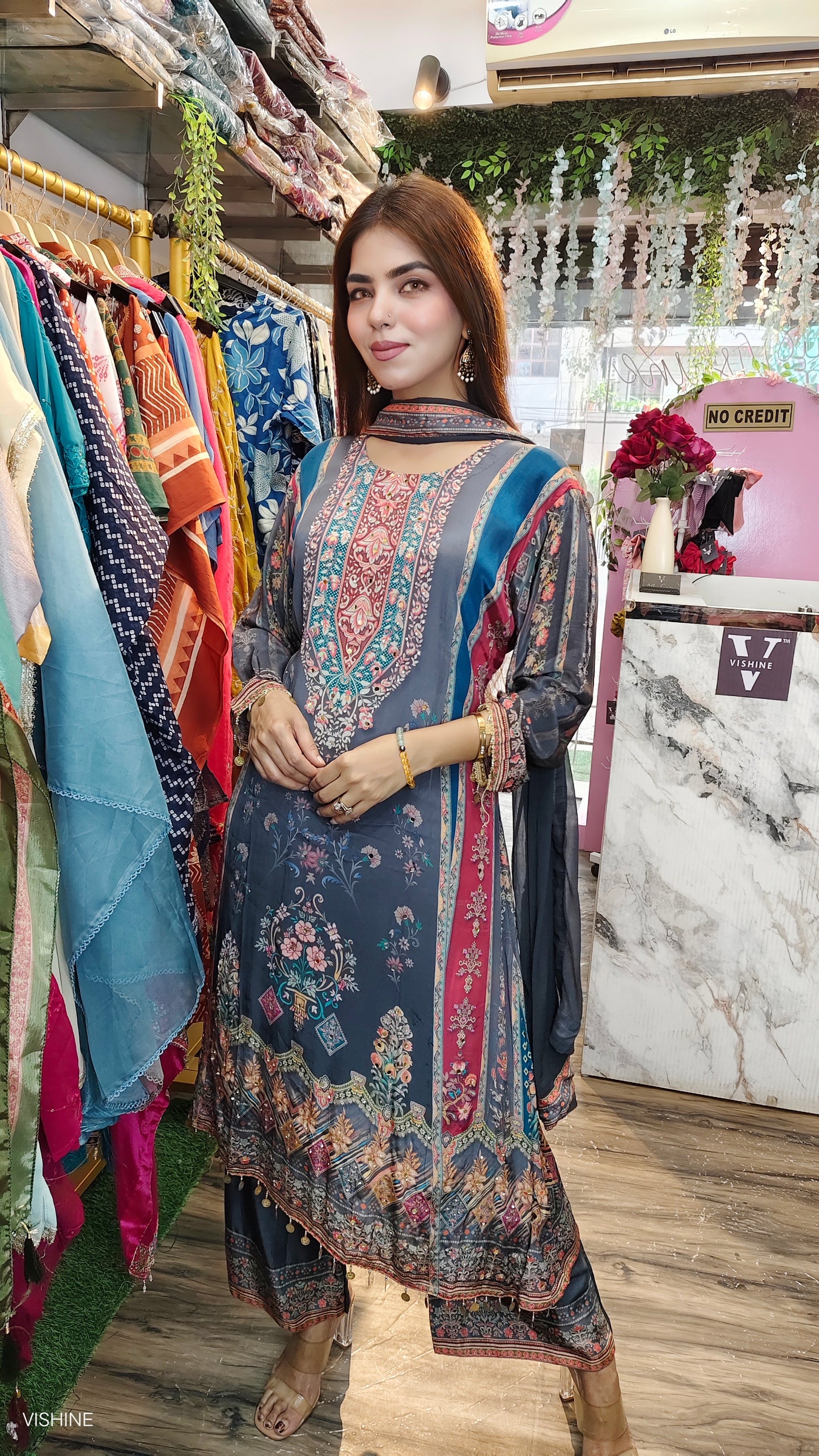 VISHINE Luxe Printed Suit with Palazzo & Dupatta – Blue‑Grey Bouquet