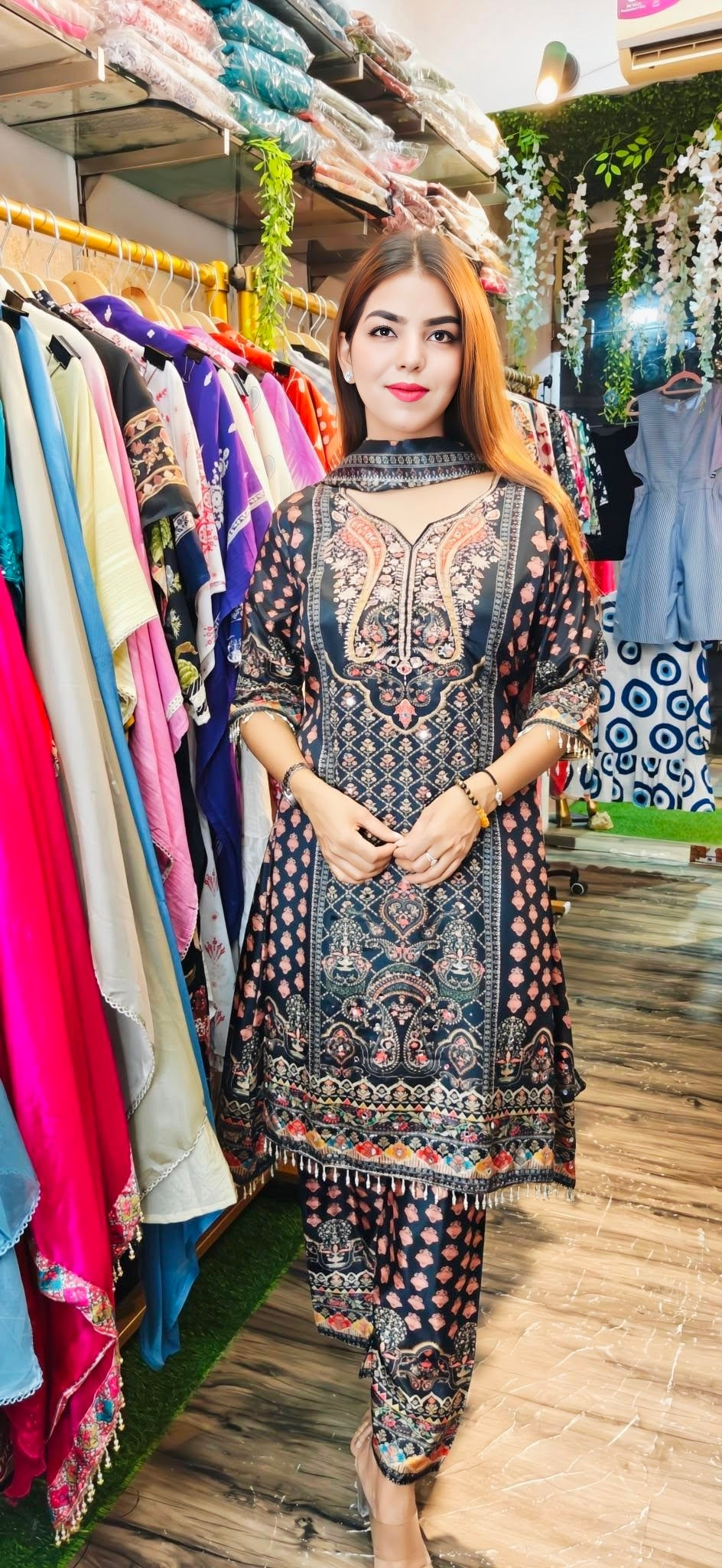 VISHINE Luxe Black Embroidered Suit Set with Contrast Dupatta & Pant