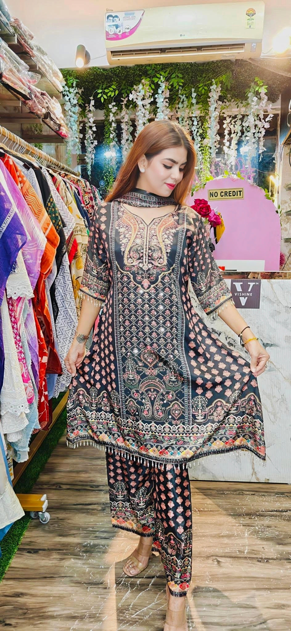 VISHINE Luxe Black Embroidered Suit Set with Contrast Dupatta & Pant