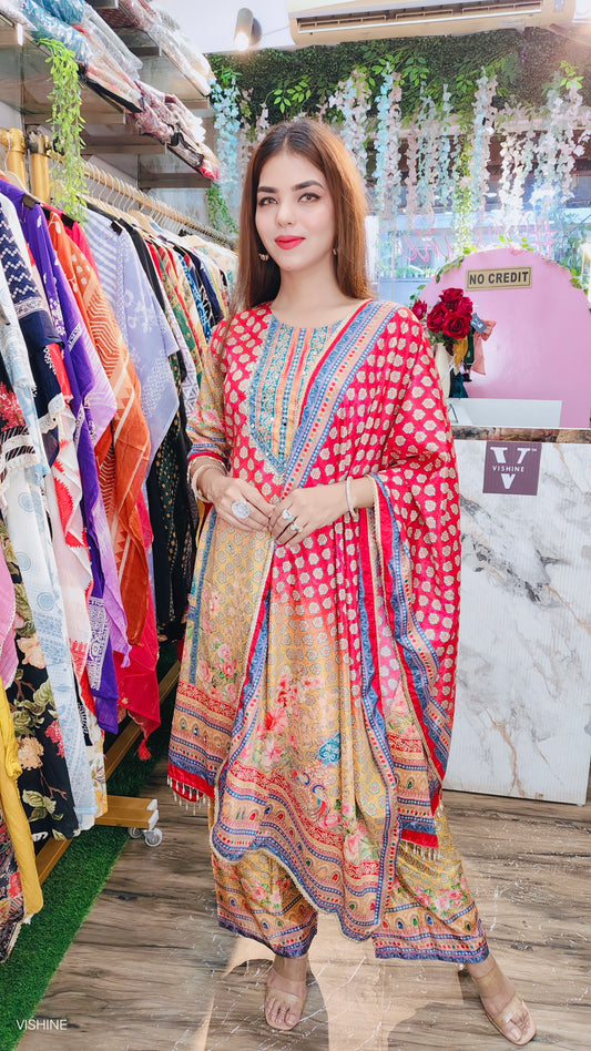 Festive Red & Multicolor Printed Crepe Suit Set with Dupatta