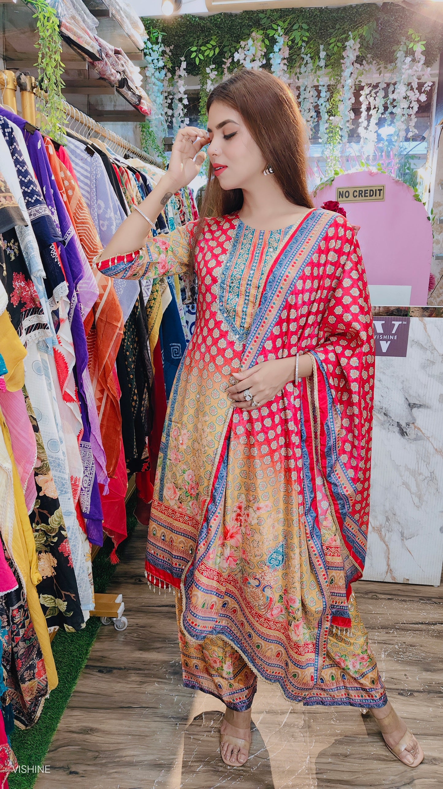 Festive Red & Multicolor Printed Crepe Suit Set with Dupatta