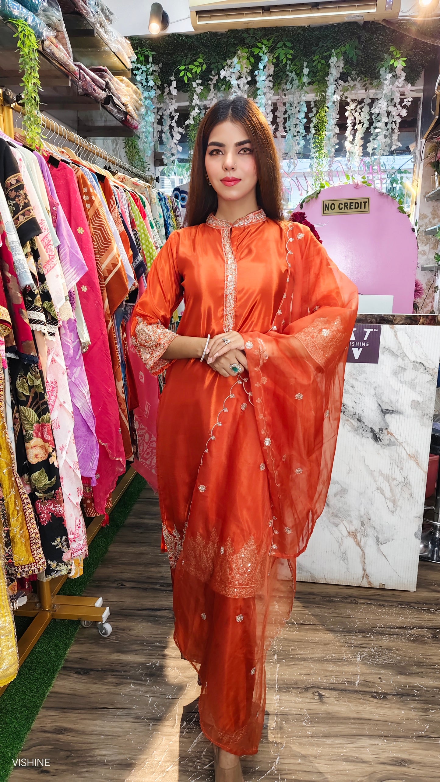 Rust Orange Silk Embroidered Suit with Dupatta