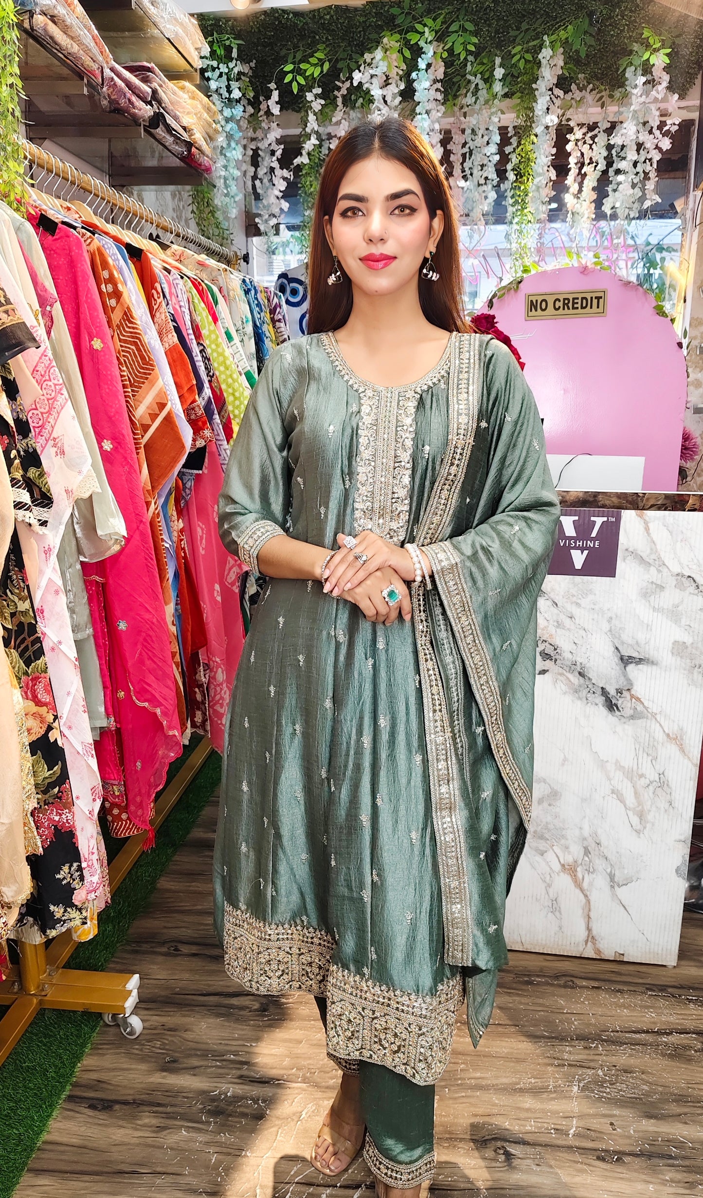 Emerald Green Embroidered Anarkali Suit with Dupatta