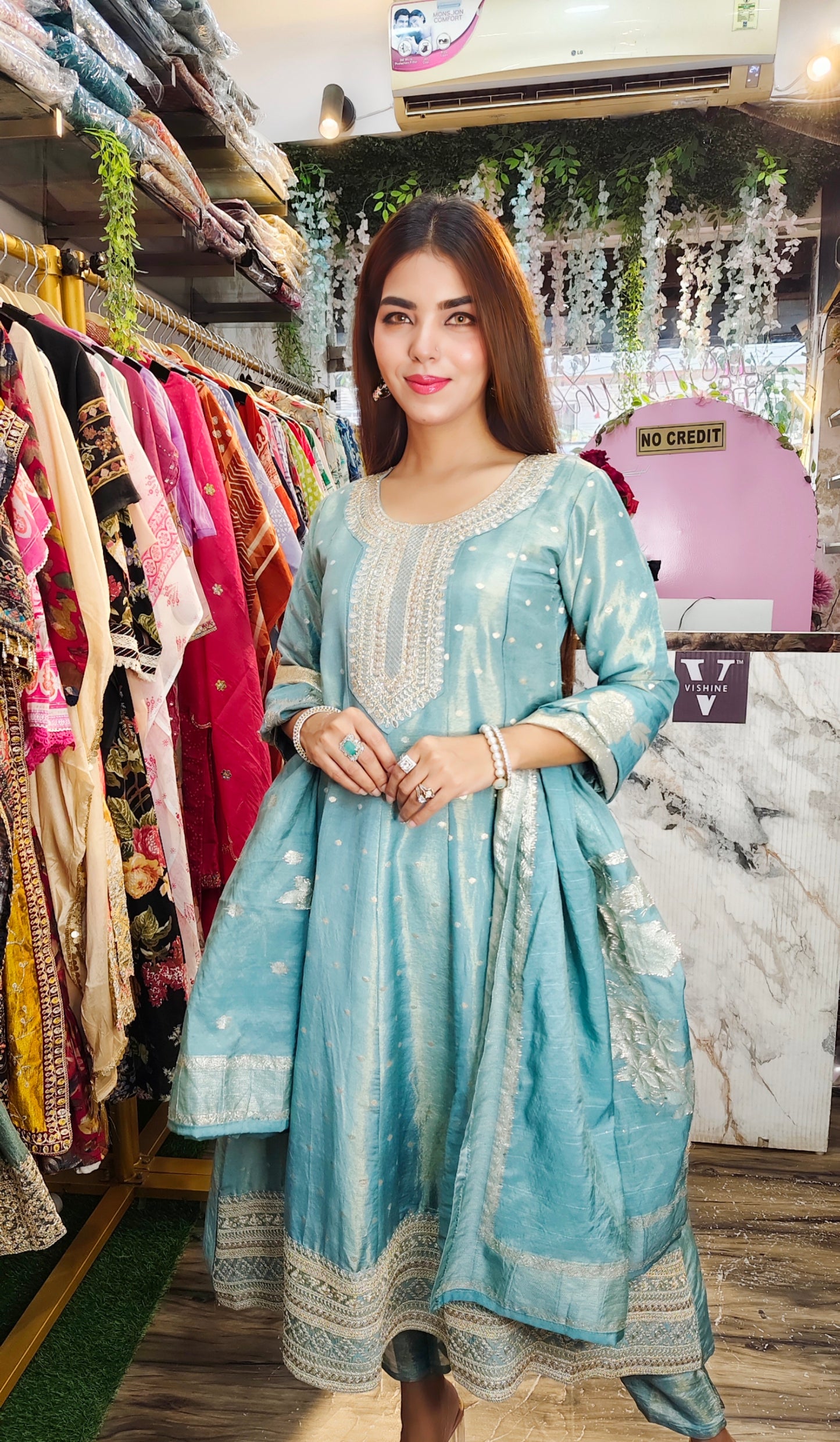 Sky Blue Embroidered Silk Anarkali Suit with Dupatta