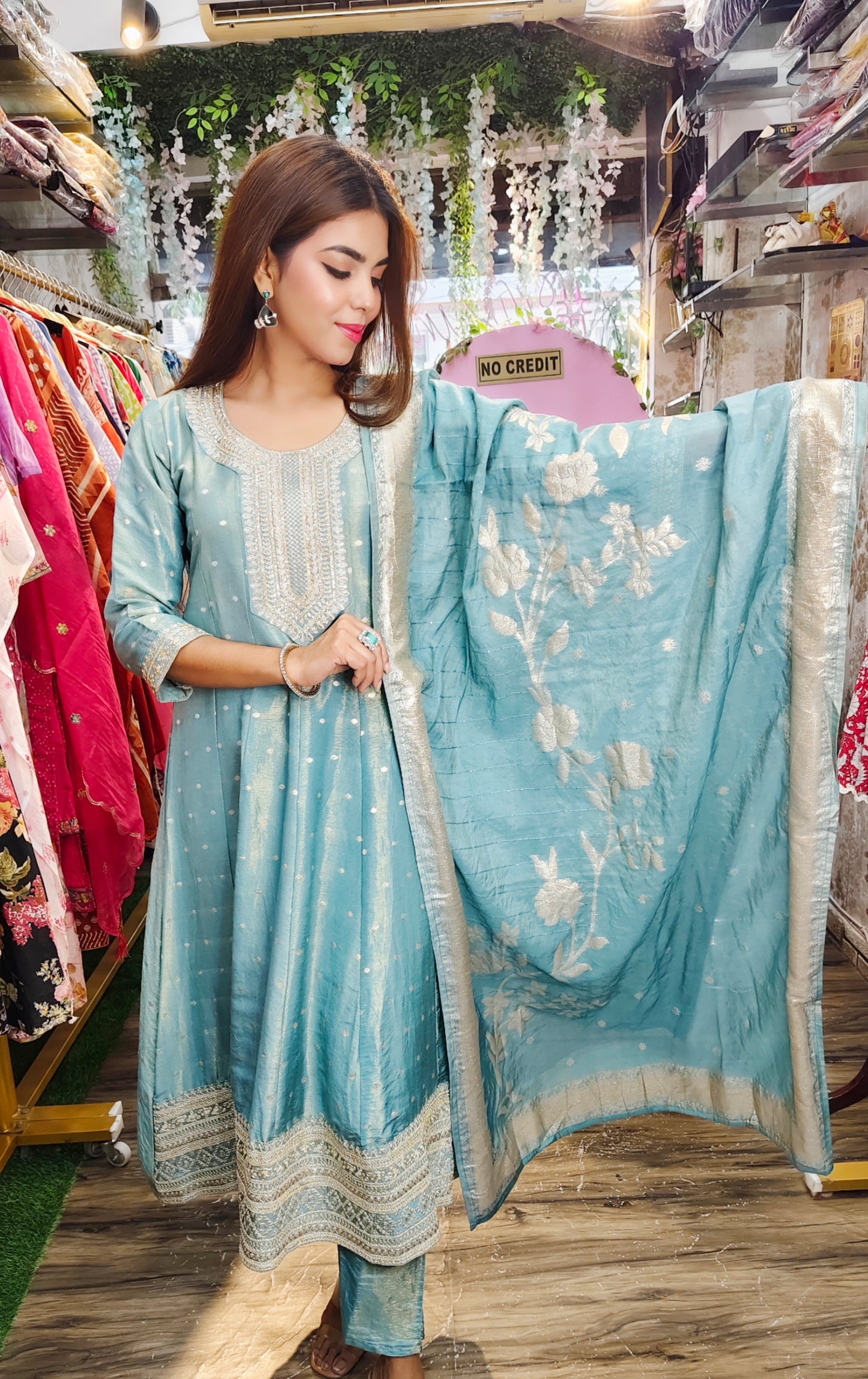 Sky Blue Embroidered Silk Anarkali Suit with Dupatta