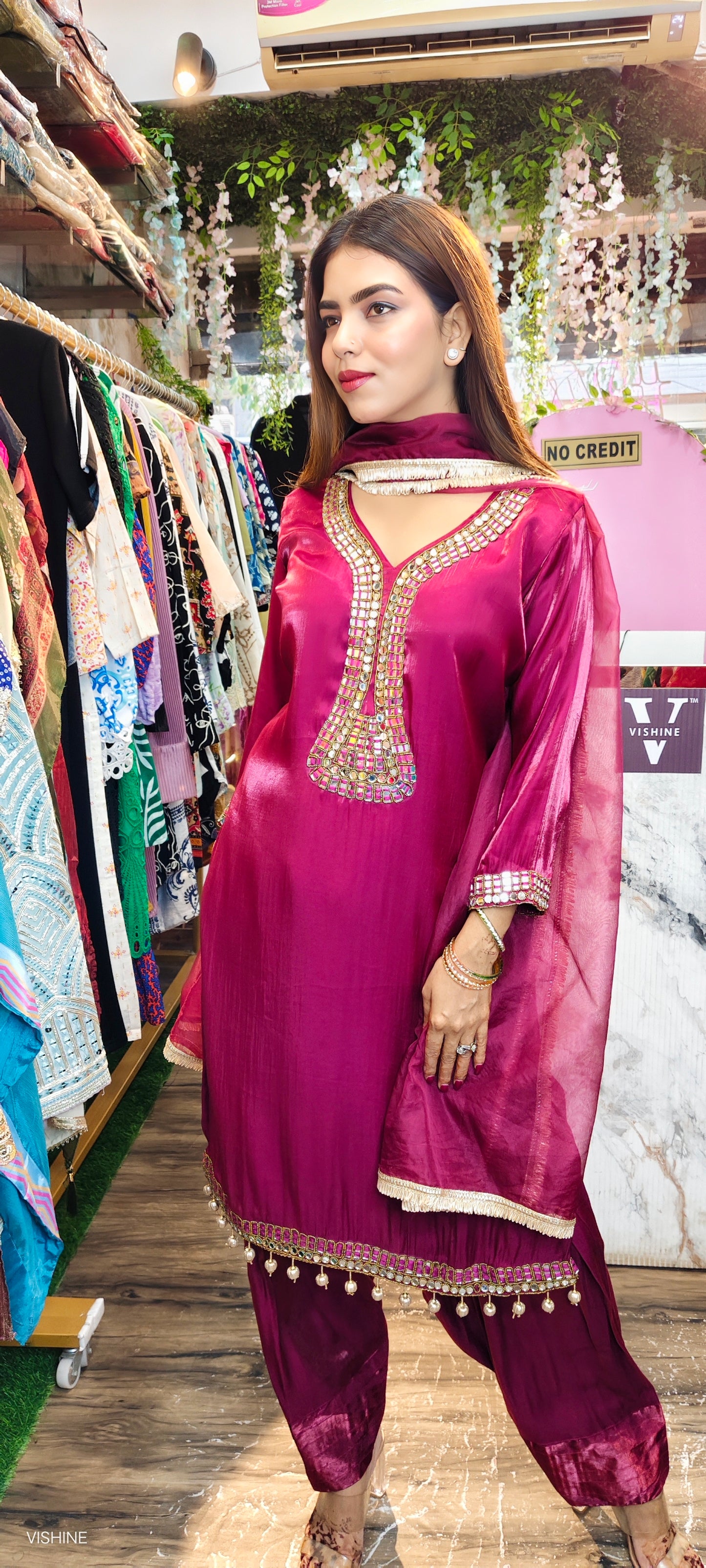 Deep Wine Mirror Work Suit with Farshi Salwar & Organza Dupatta