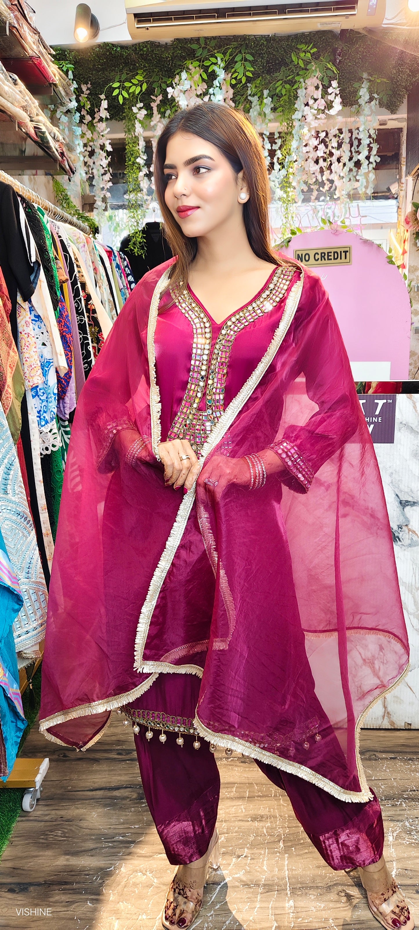 Deep Wine Mirror Work Suit with Farshi Salwar & Organza Dupatta