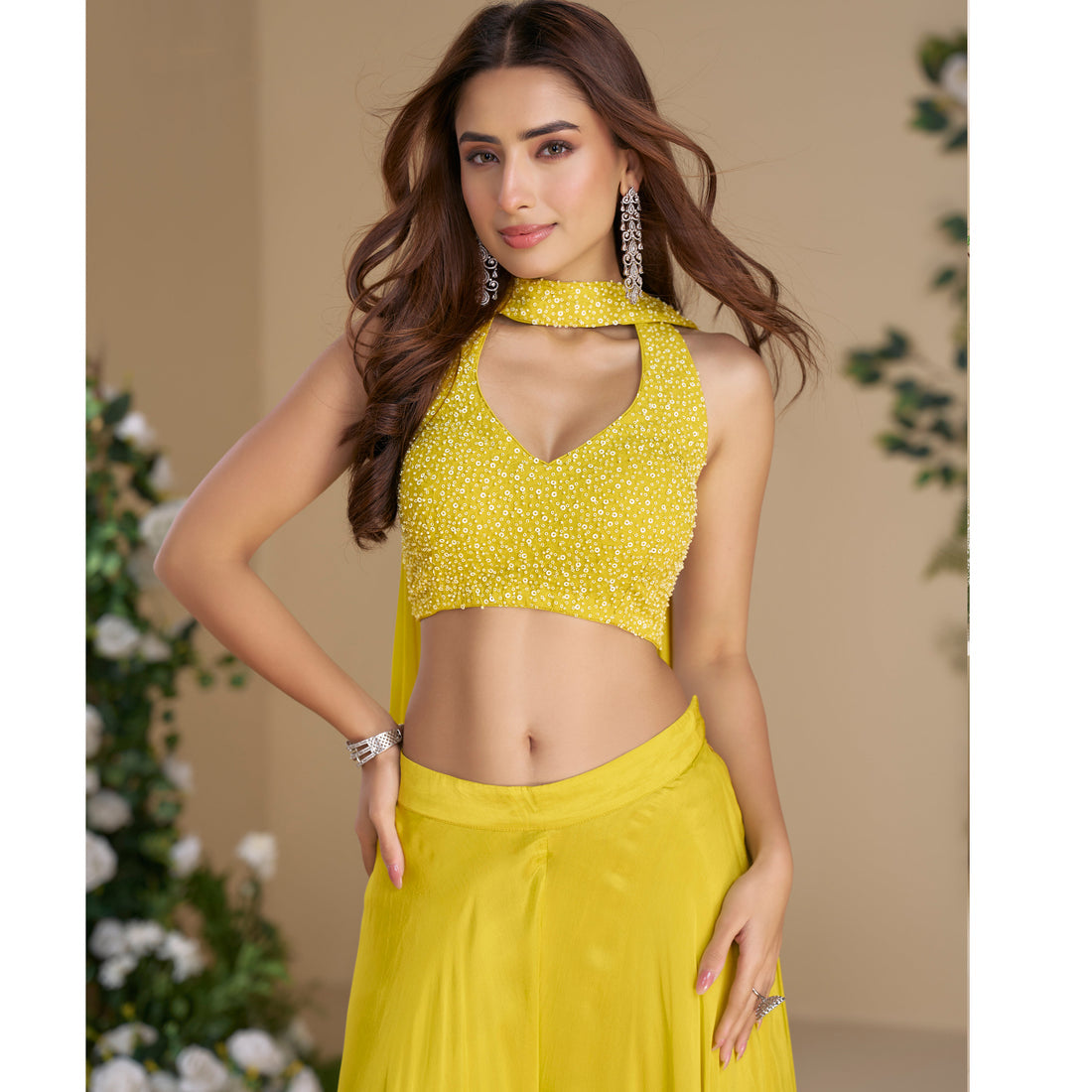 Yellow Embellished Crop Top with Flowing Palazzo Set