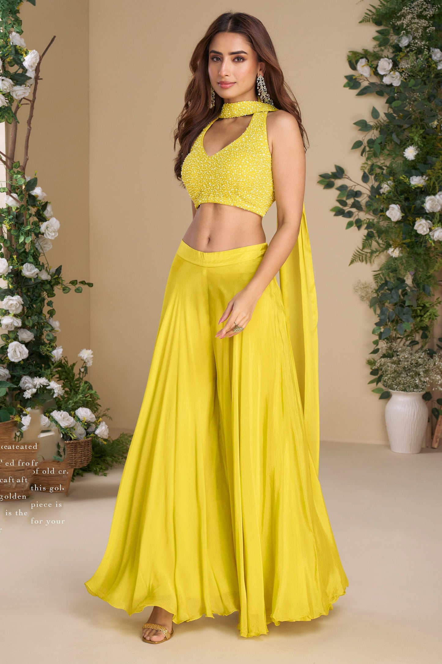 Yellow Embellished Crop Top with Flowing Palazzo Set