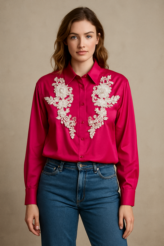 Rosé Bloom Embroidered Shirt – Luxe Floral Elegance (Up to XXL)