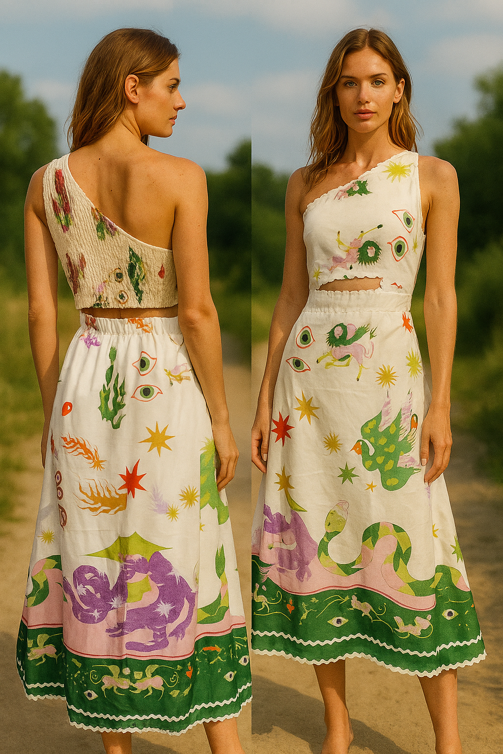 Mythical Garden One-Shoulder Coord Set – Off White Multi-Print