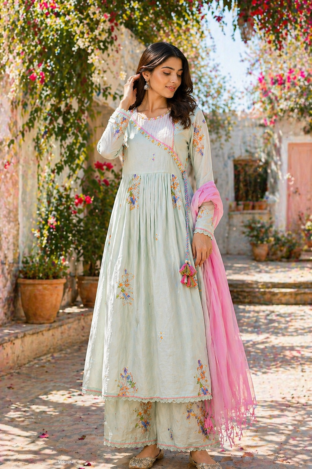 Pastel Mint Cotton Suit Set with Floral Embroidery & Pink Dupatta | Summer Designer Wear