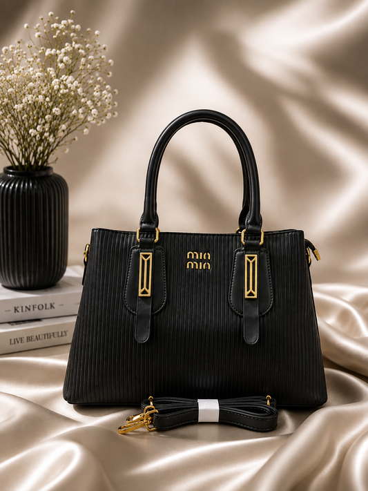 Textured Vegan Leather Structured Handbag with Gold-Tone Hardware & Detachable Sling Strap