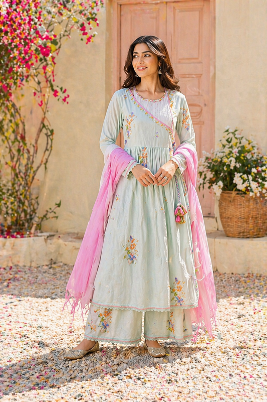 Pastel Mint Cotton Suit Set with Floral Embroidery & Pink Dupatta | Summer Designer Wear